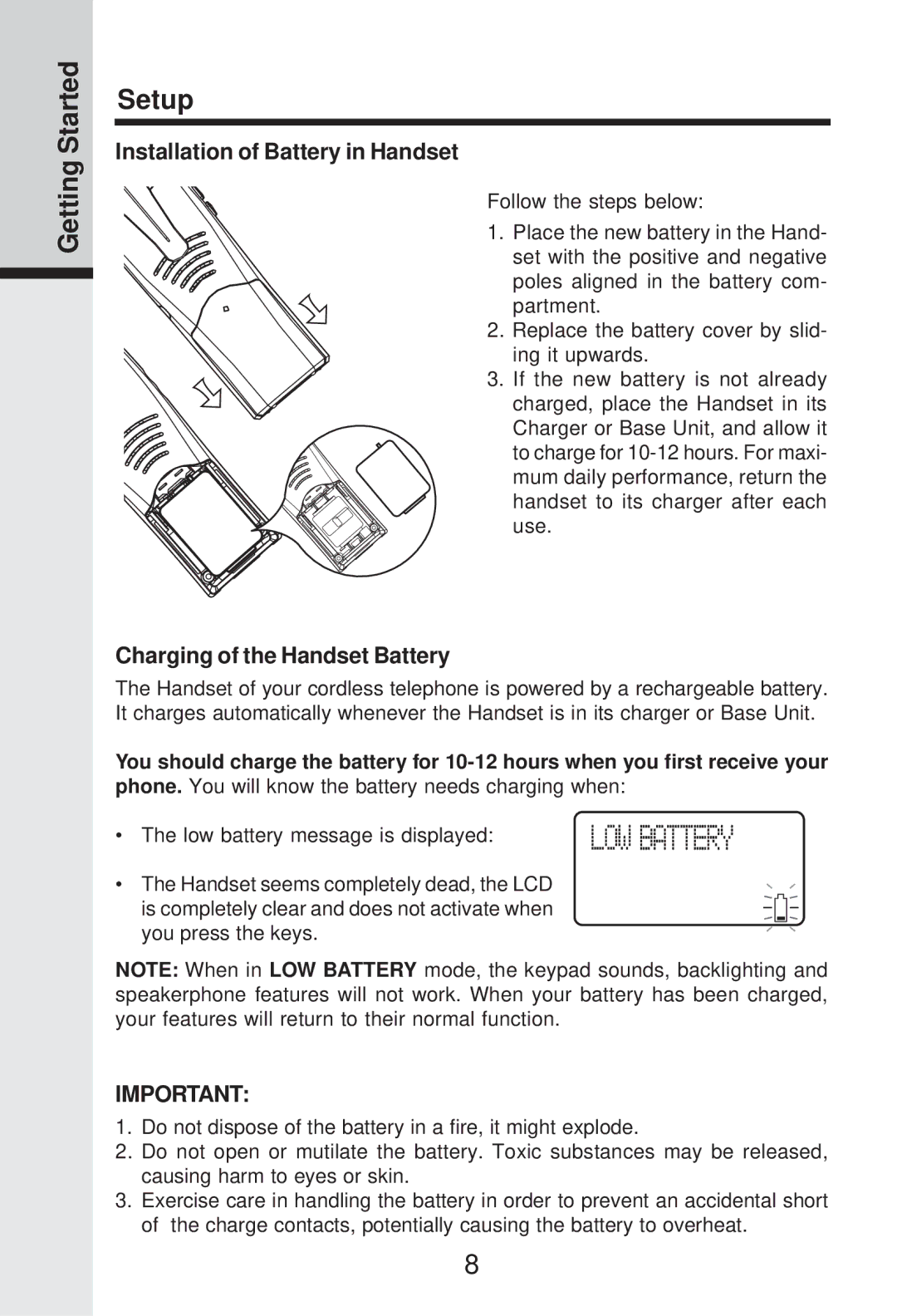 VTech IP 5825 Getting Started Setup, Installation of Battery in Handset, Charging of the Handset Battery 