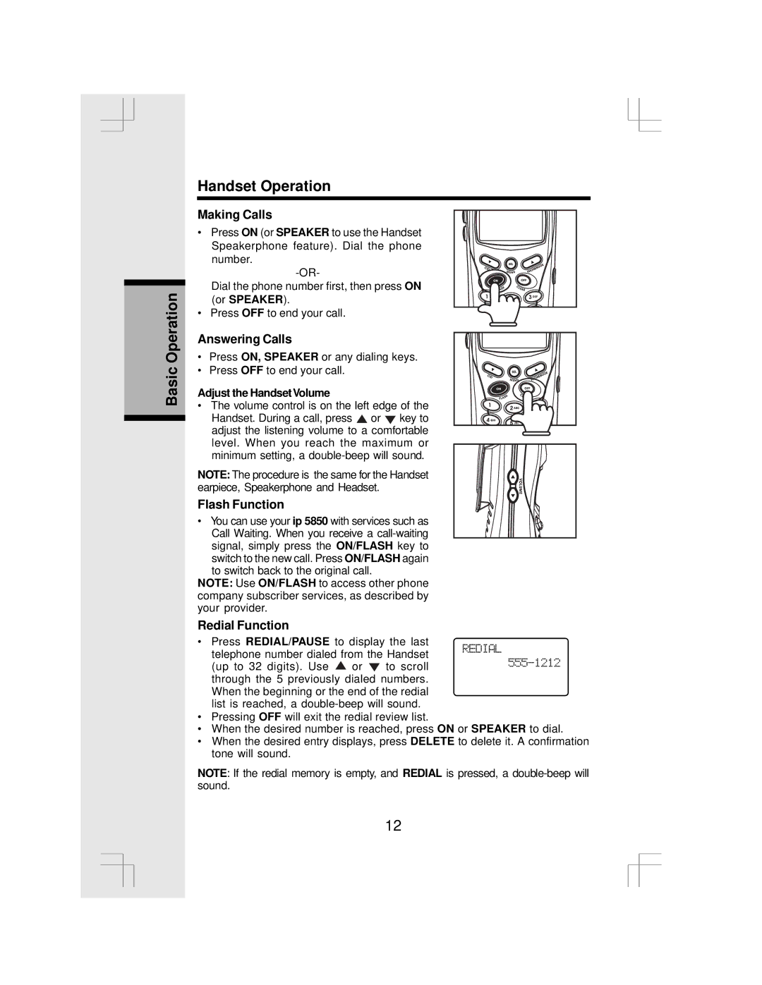 VTech IP 5850 Basic Operation Handset Operation, Making Calls, Answering Calls, Flash Function, Redial Function 