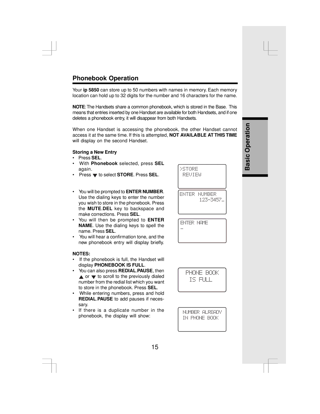 VTech IP 5850 important safety instructions Phonebook Operation, Storing a New Entry 