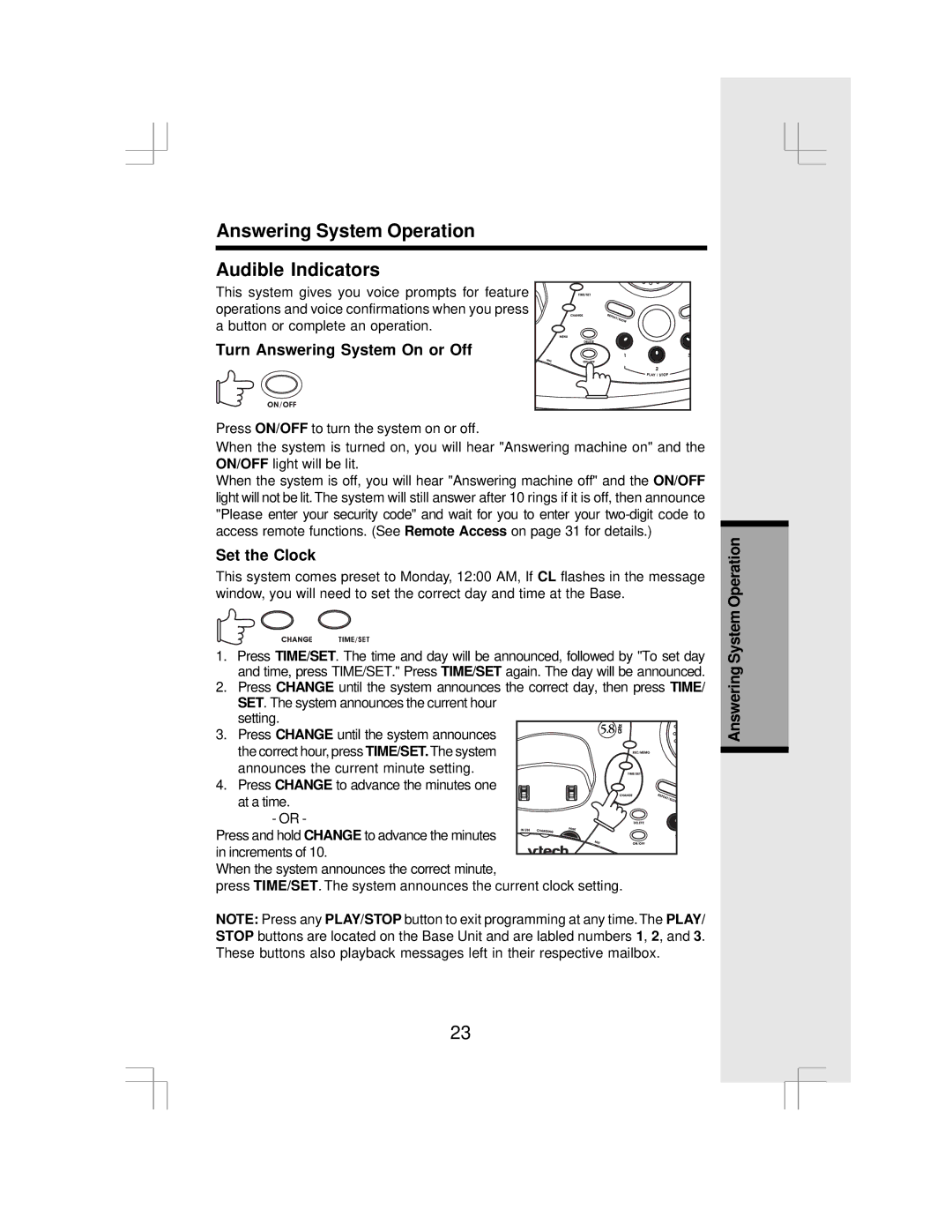 VTech IP 5850 Answering System Operation Audible Indicators, Turn Answering System On or Off, Set the Clock 