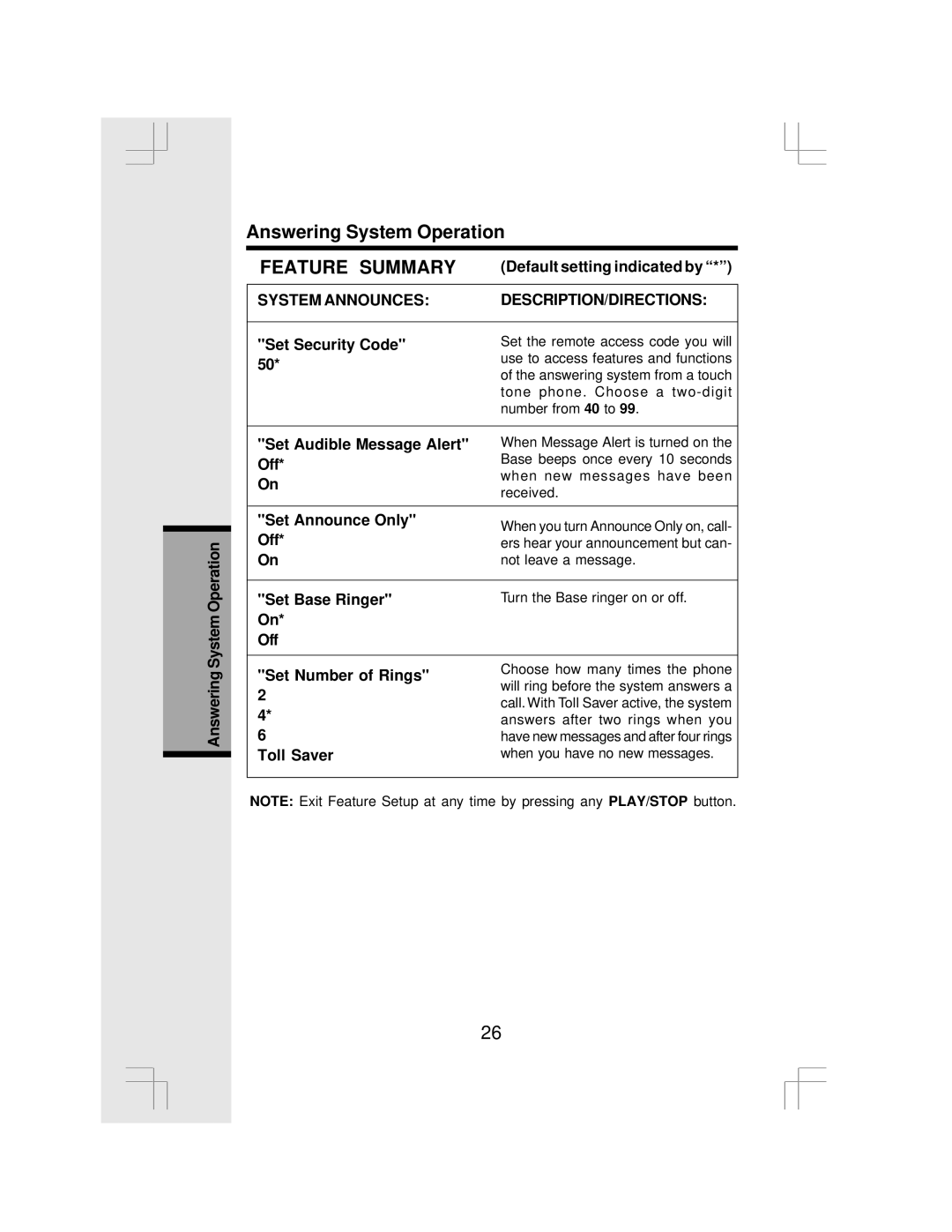 VTech IP 5850 System Operation, Default setting indicated by, Set Security Code, Set Audible Message Alert, Off 