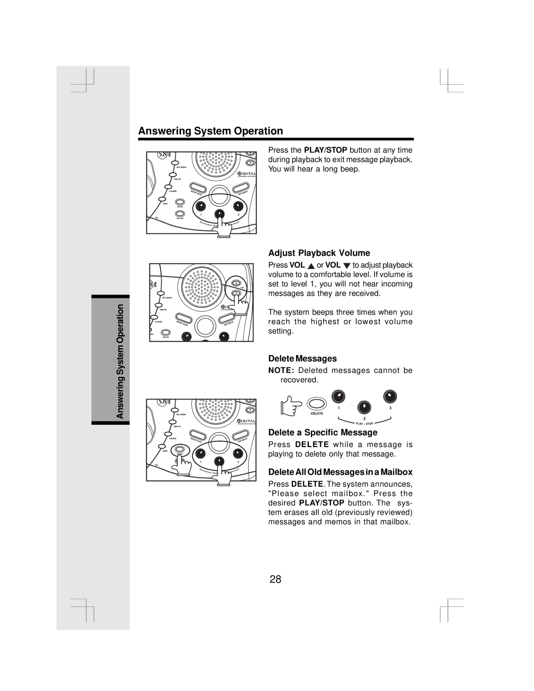 VTech IP 5850 Adjust Playback Volume, Delete Messages Delete a Specific Message, Delete All Old Messages in a Mailbox 