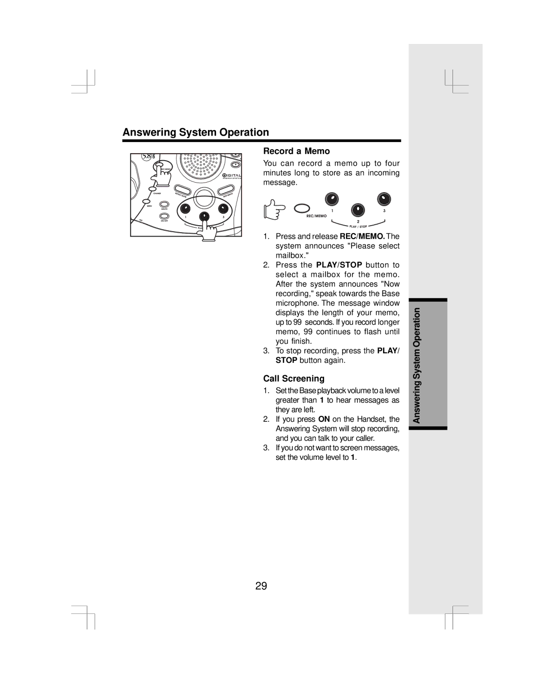 VTech IP 5850 important safety instructions Record a Memo, Call Screening 