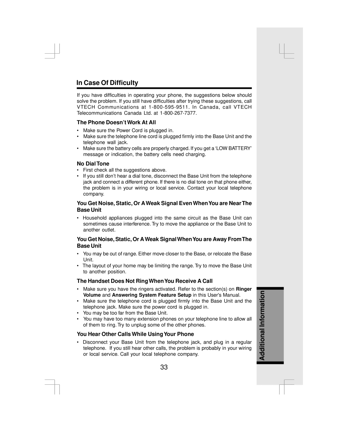 VTech IP 5850 important safety instructions Case Of Difficulty, Additional Information 