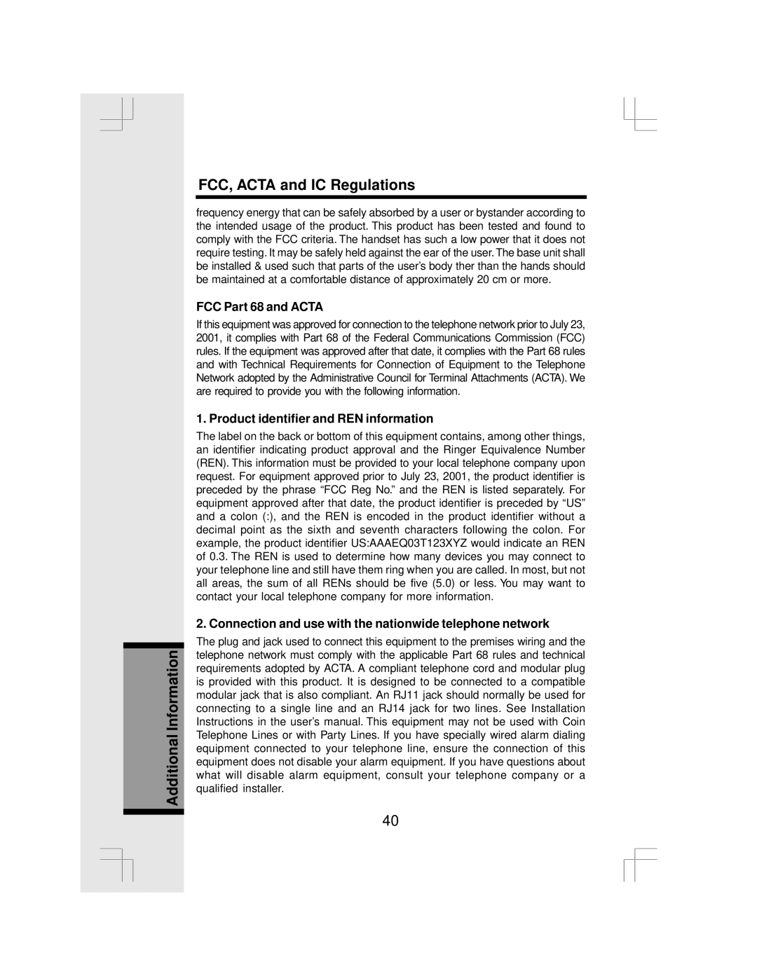 VTech IP 5850 important safety instructions Additional Information FCC, Acta and IC Regulations, FCC Part 68 and Acta 