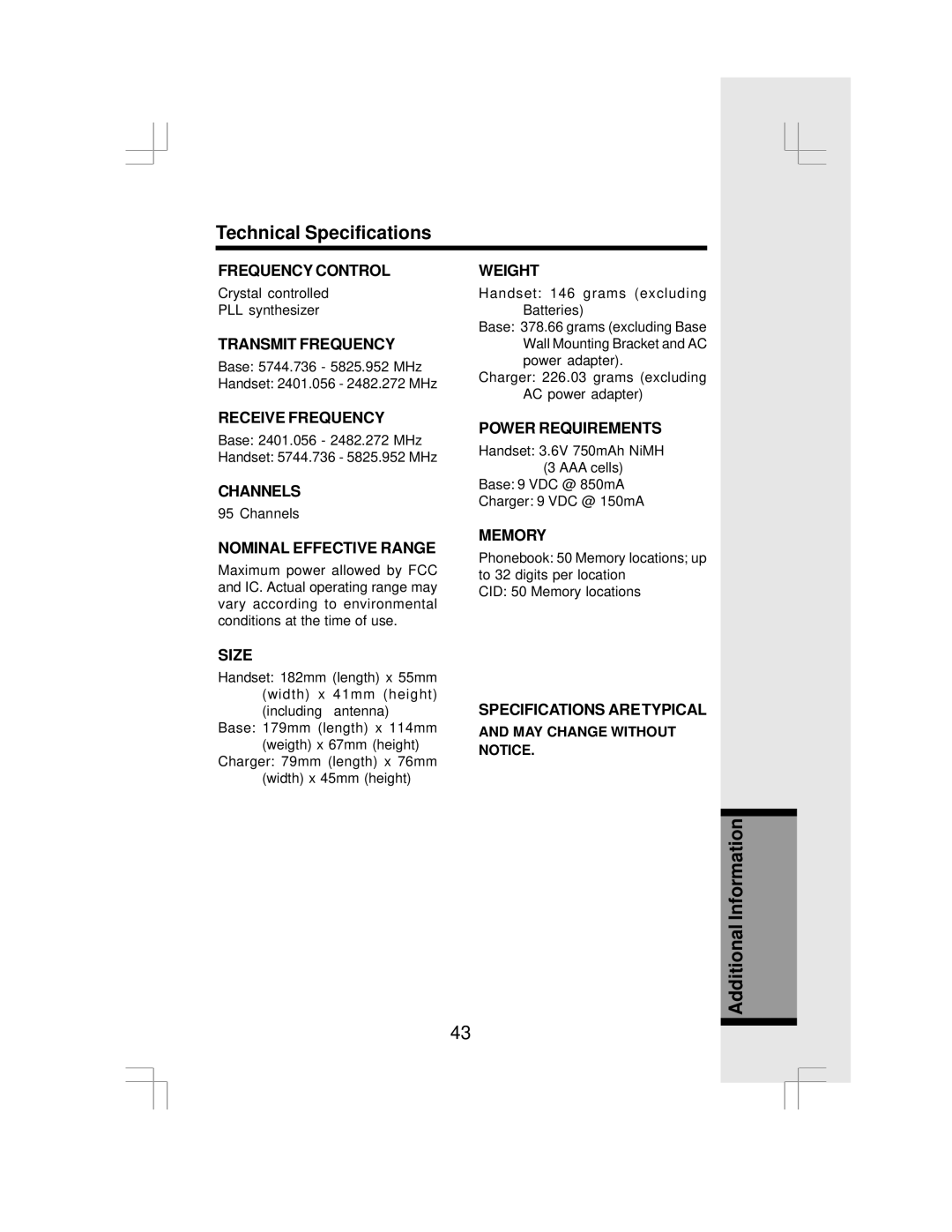 VTech IP 5850 important safety instructions Technical Specifications, Nominal Effective Range 