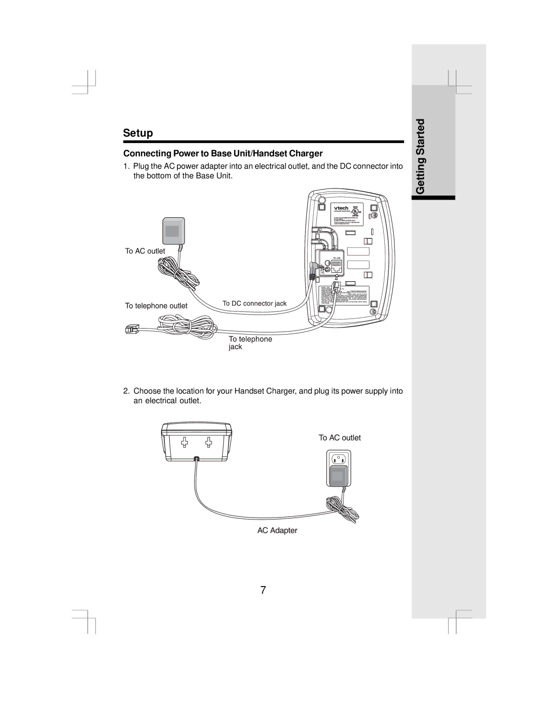 VTech IP 5850 important safety instructions Setup, Getting Started, Connecting Power to Base Unit/Handset Charger 