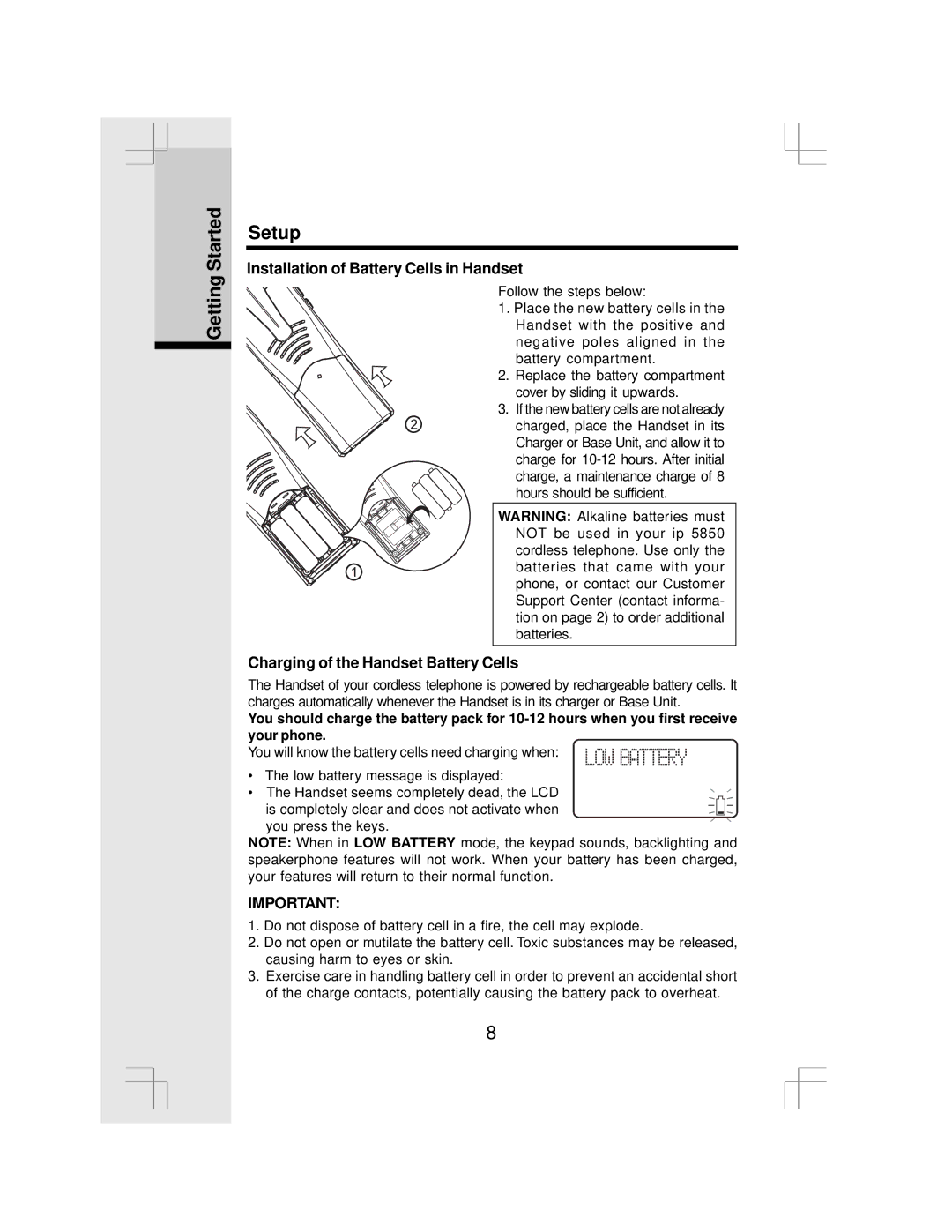 VTech IP 5850 Getting Started Setup, Installation of Battery Cells in Handset, Charging of the Handset Battery Cells 