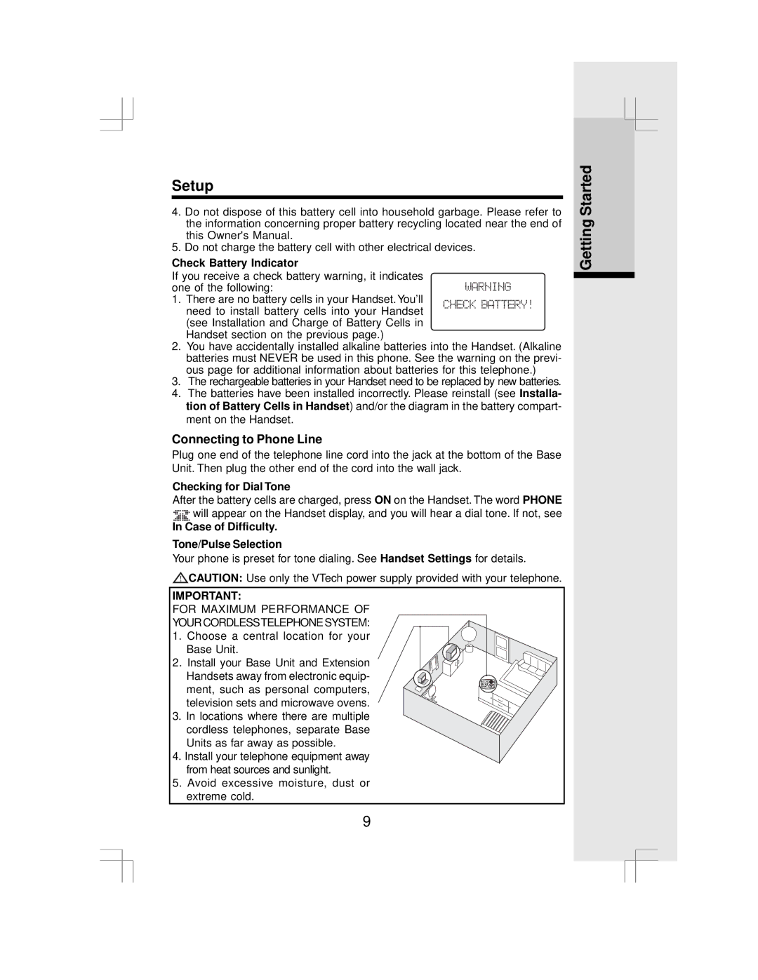 VTech IP 5850 important safety instructions Connecting to Phone Line, Check Battery Indicator, Checking for Dial Tone 