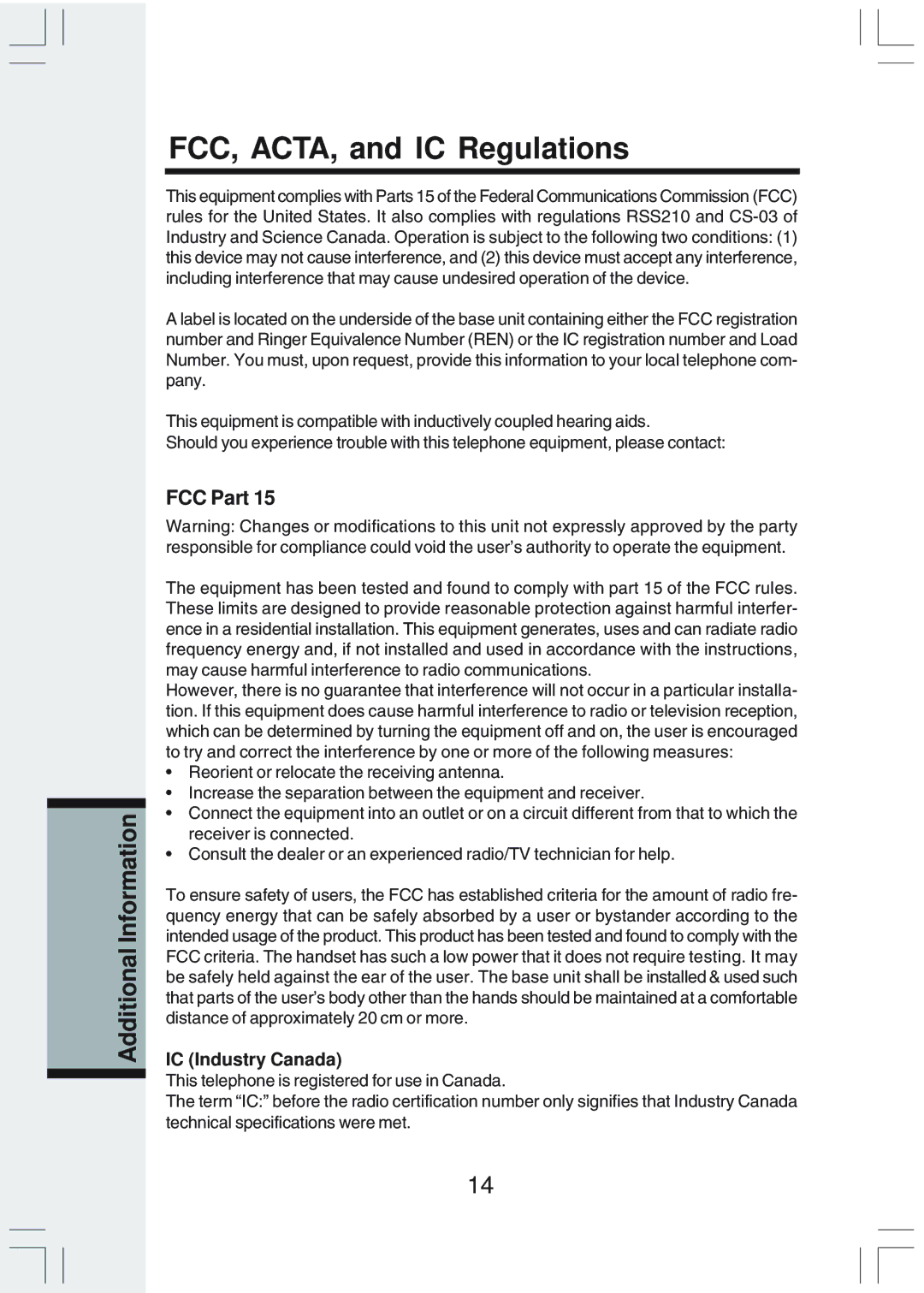 VTech IP 811 manual FCC, ACTA, and IC Regulations, FCC Part, IC Industry Canada 