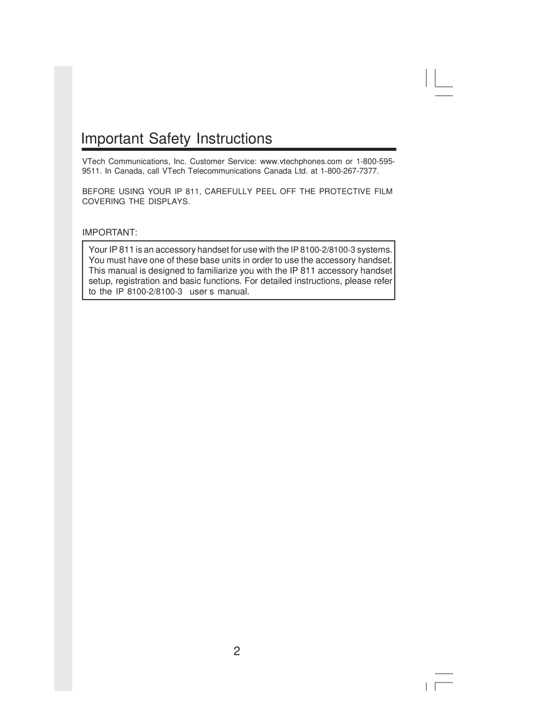 VTech IP 811 manual Important Safety Instructions 