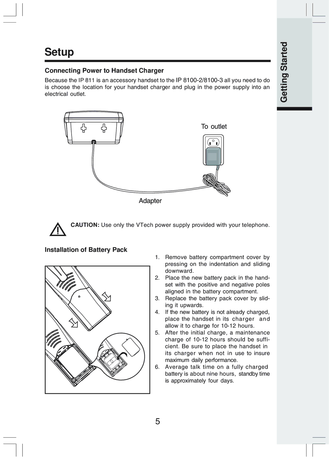 VTech IP 811 manual Setup, Connecting Power to Handset Charger, Installation of Battery Pack 