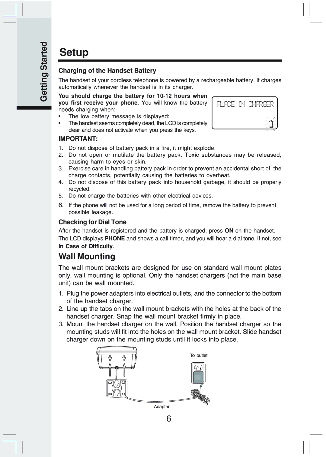 VTech IP 811 manual Charging of the Handset Battery, Checking for Dial Tone 