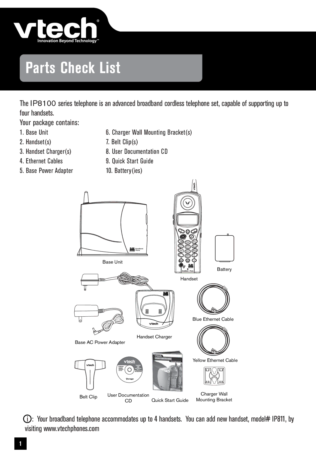 VTech IP8100 quick start Parts Check List, Batteryies 