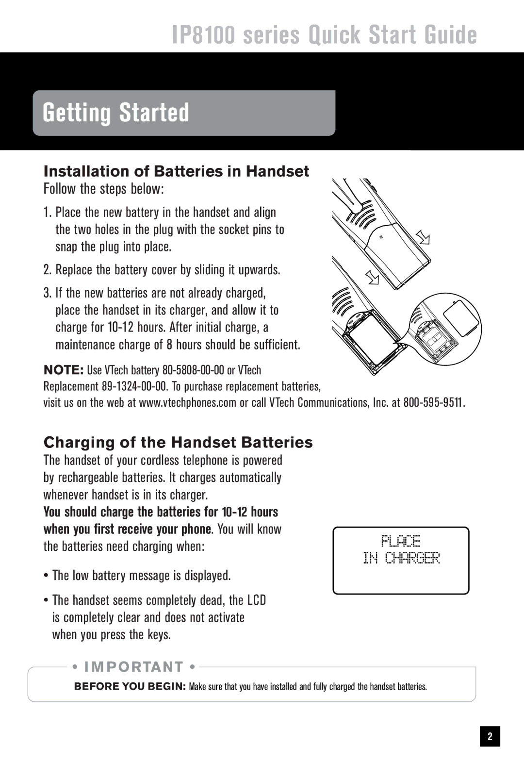 VTech IP8100 quick start Getting Started, Installation of Batteries in Handset 