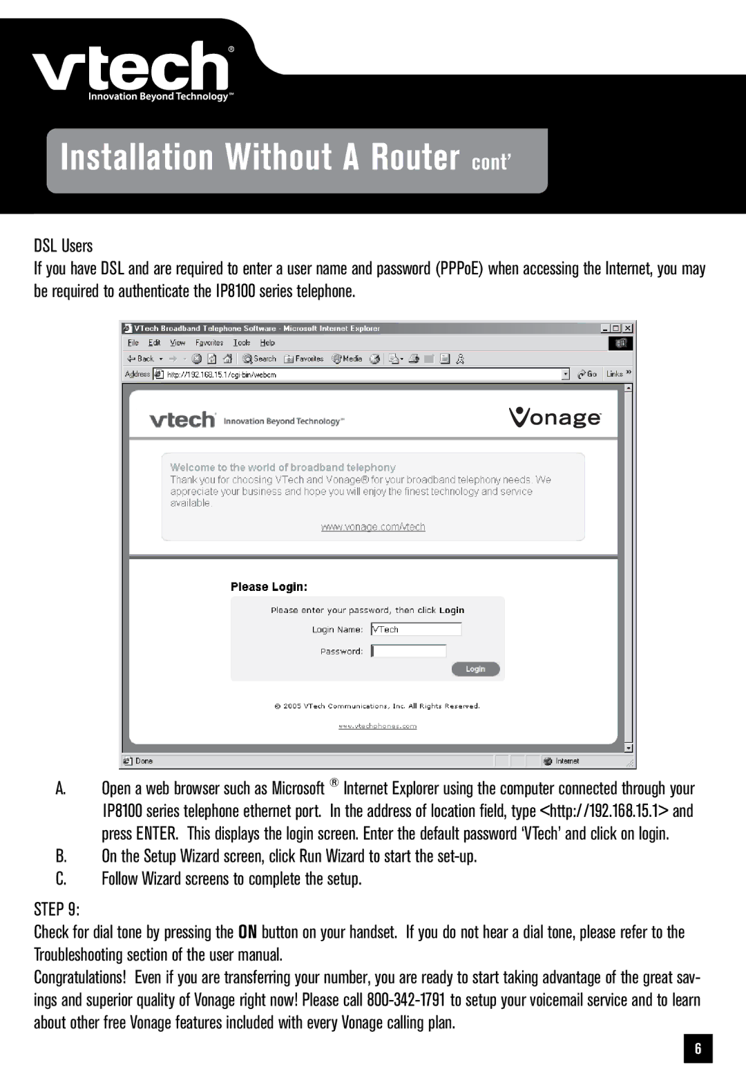 VTech IP8100 quick start Installation Without a Router cont’, DSL Users 