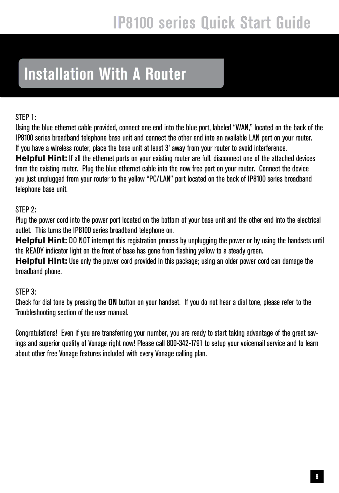 VTech IP8100 quick start Installation With a Router 