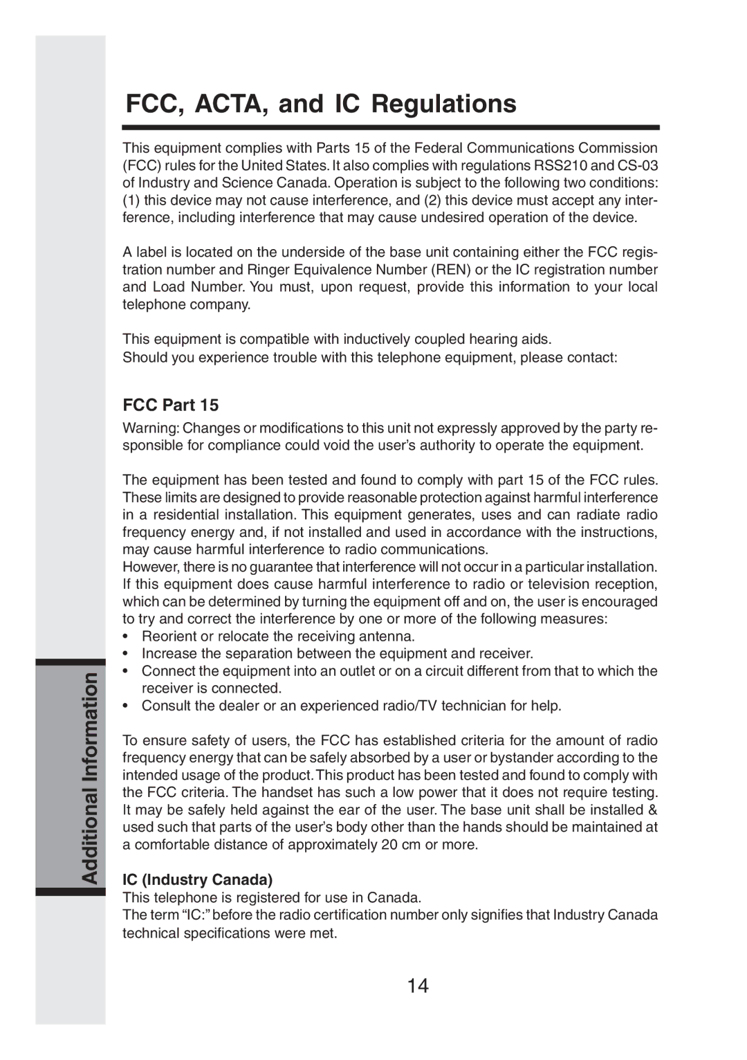 VTech IP811 user manual FCC, ACTA, and IC Regulations, FCC Part, IC Industry Canada 