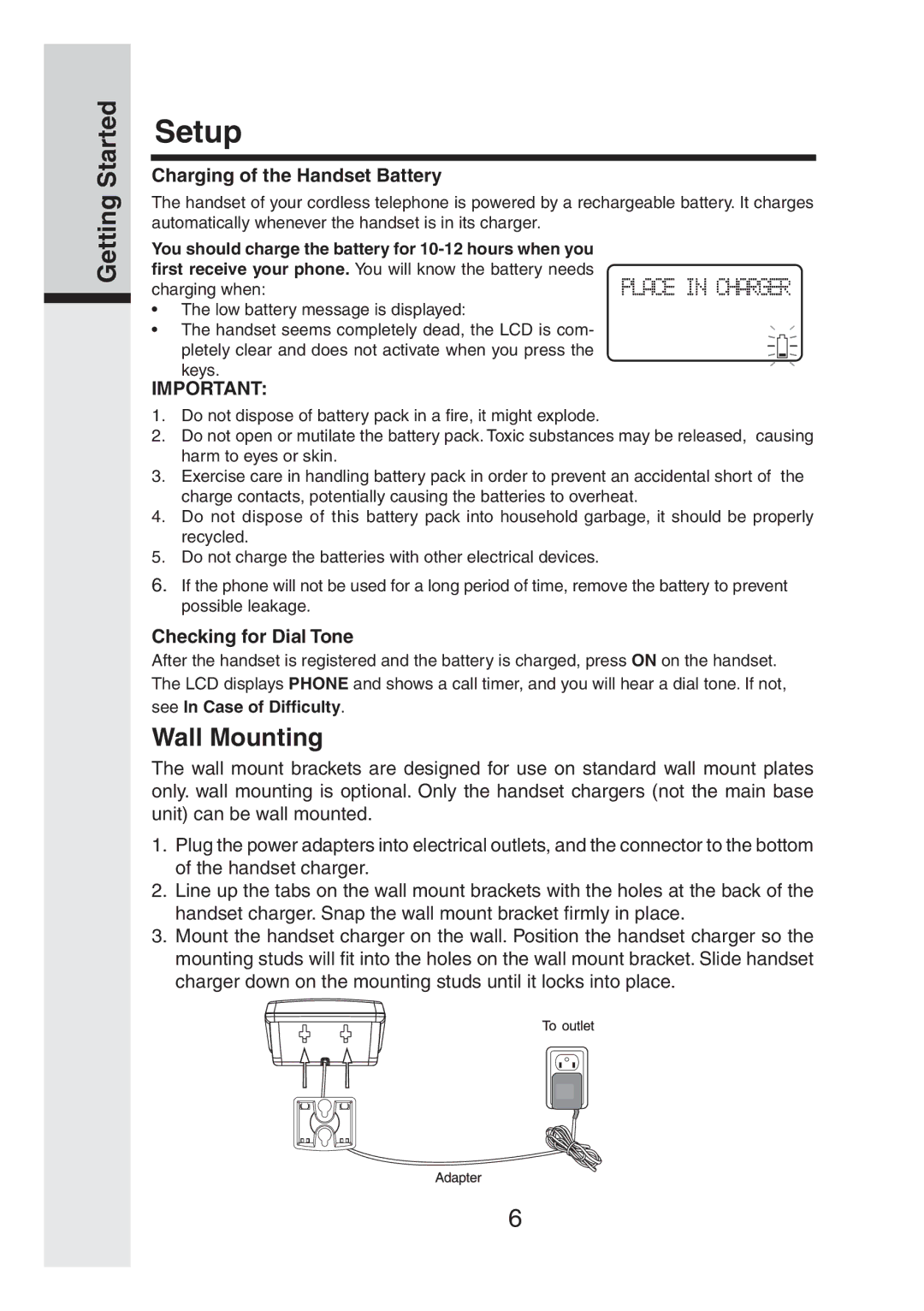 VTech IP811 user manual Charging of the Handset Battery, Checking for Dial Tone 