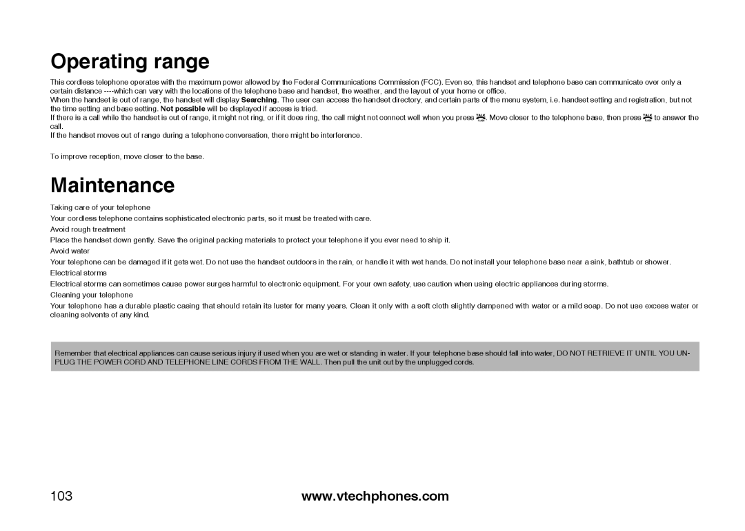 VTech IP8300 user manual Operating range, Maintenance, 103 