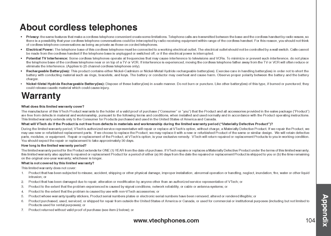 VTech IP8300 user manual About cordless telephones, Warranty 