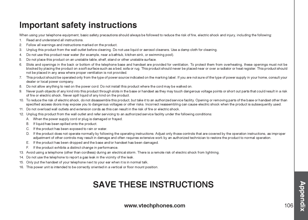 VTech IP8300 user manual Important safety instructions 