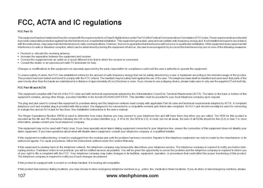 VTech IP8300 user manual FCC, Acta and IC regulations, 107 