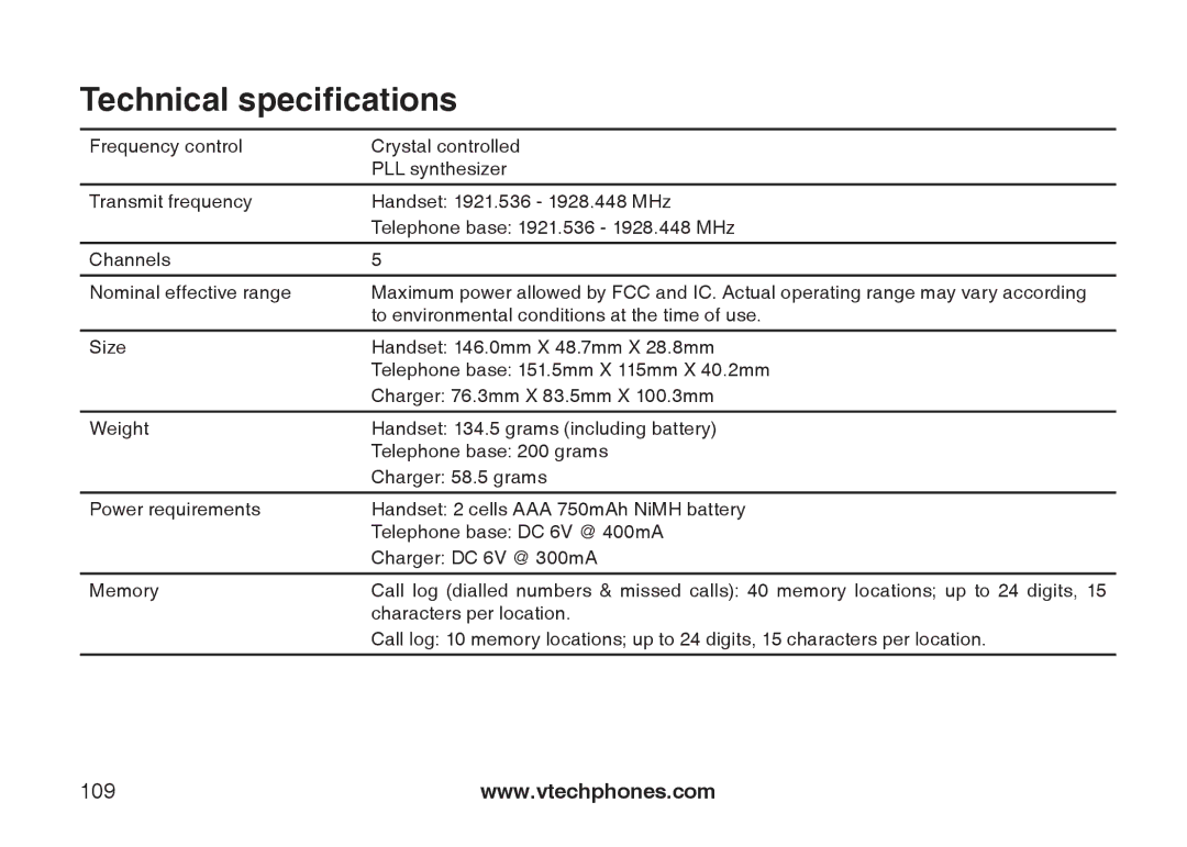 VTech IP8300 user manual Technical specifications 