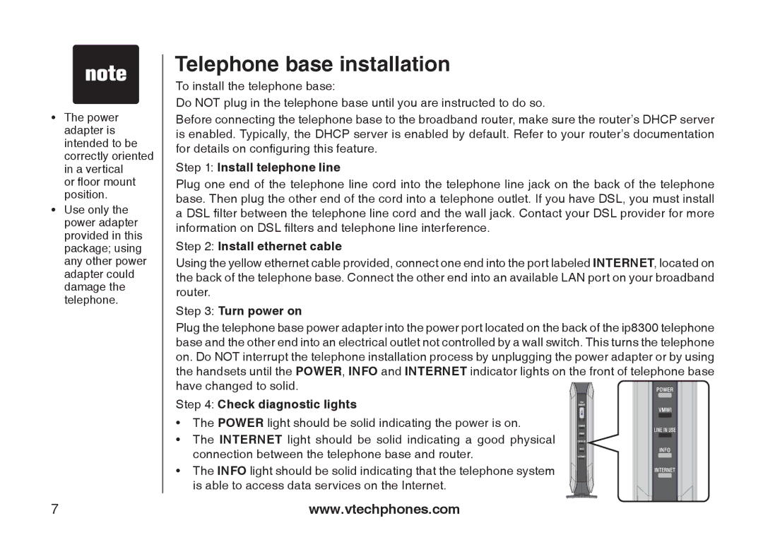 VTech IP8300 user manual Telephone base installation, Install telephone line 