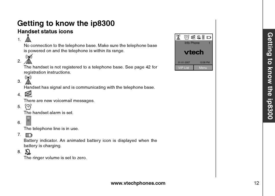 VTech IP8300 user manual Handset status icons 