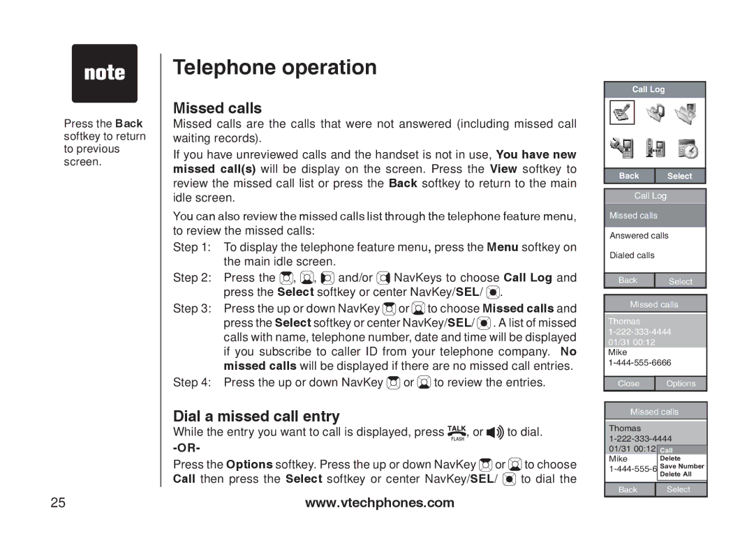 VTech IP8300 user manual Missed calls, Dial a missed call entry, Press the up or down NavKey or to review the entries 