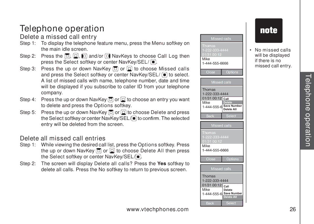 VTech IP8300 user manual Delete a missed call entry, Delete all missed call entries 