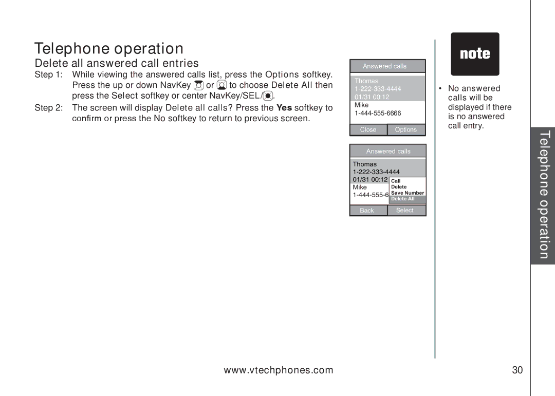 VTech IP8300 user manual Delete all answered call entries 