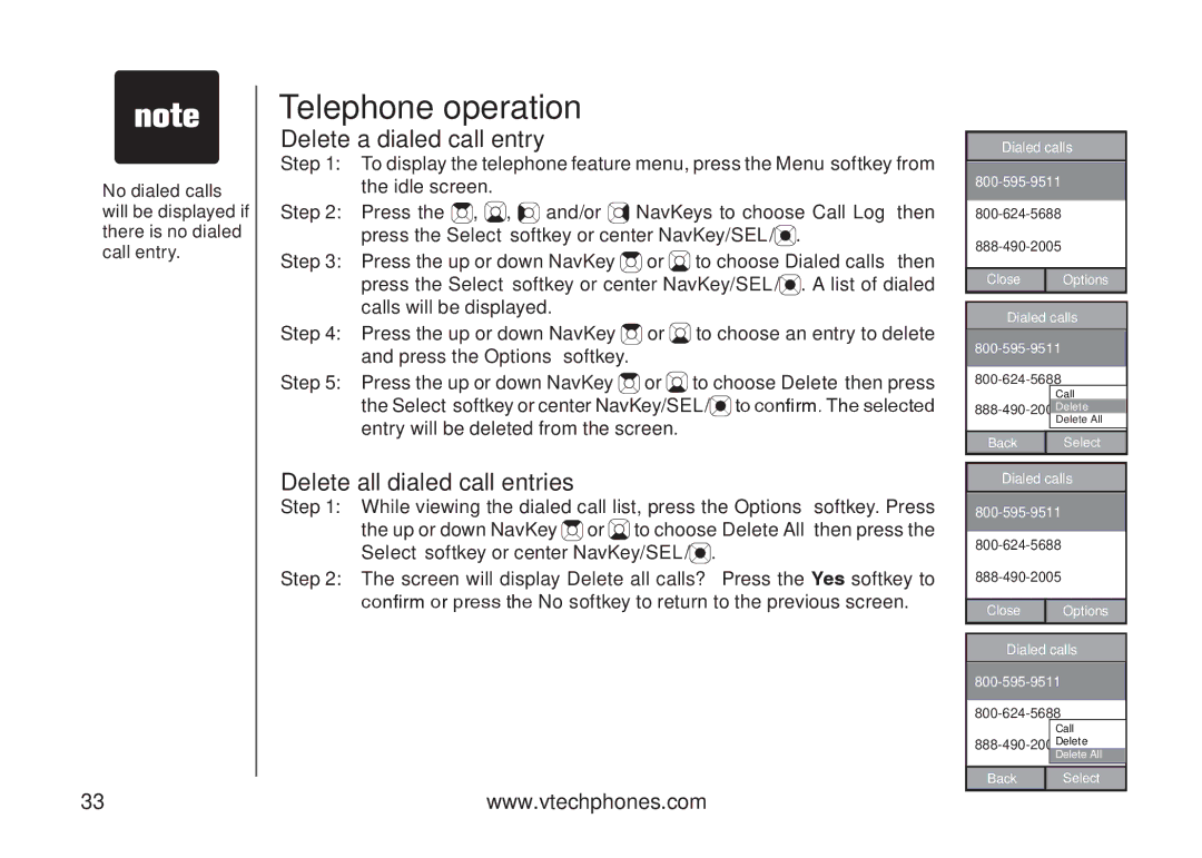 VTech IP8300 user manual Delete a dialed call entry, Delete all dialed call entries 