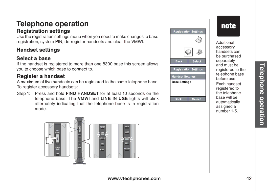 VTech IP8300 user manual Registration settings, Handset settings Select a base, Register a handset 