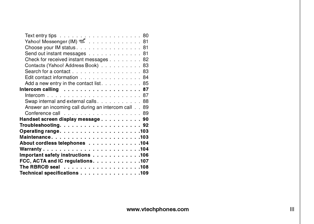 VTech IP8300 user manual Iii 