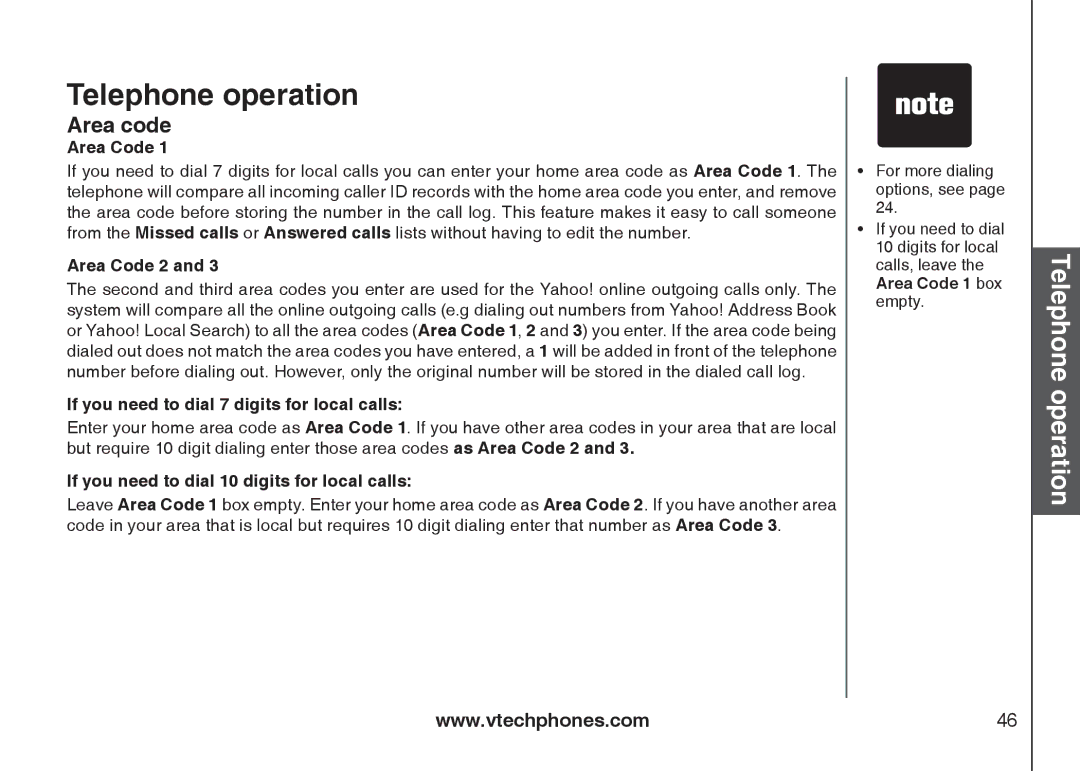 VTech IP8300 user manual Area code, Area Code 