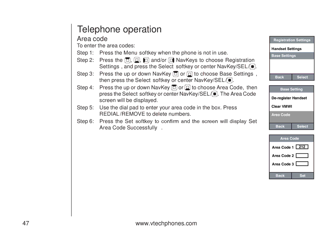 VTech IP8300 user manual Area Code Back Select 212 Set 