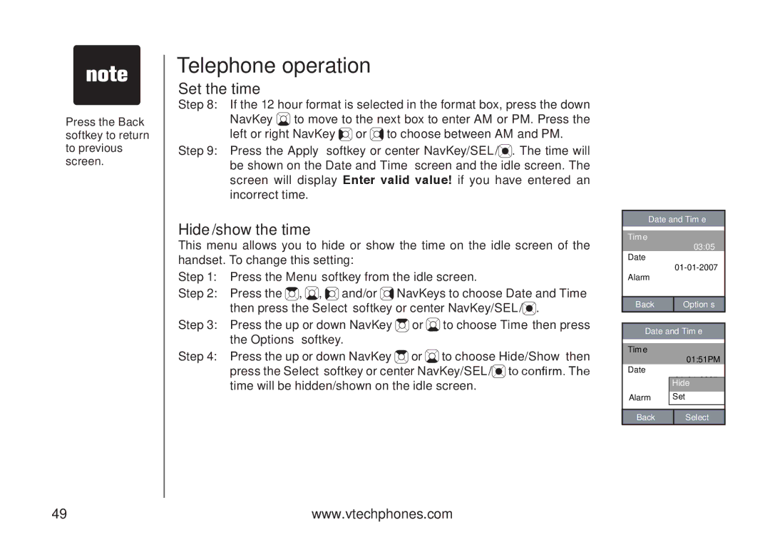 VTech IP8300 Hide/show the time, Then press the Select softkey or center NavKey/ SEL, Or to choose Time then press 