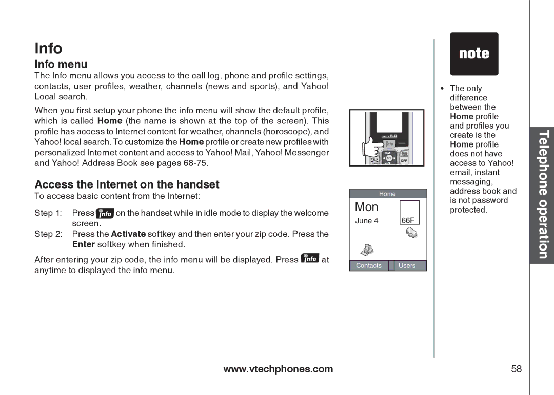 VTech IP8300 user manual Info menu, Access the Internet on the handset 