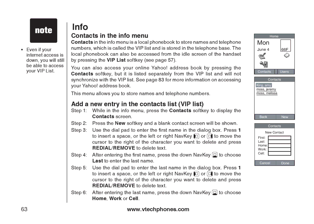 VTech IP8300 user manual Contacts in the info menu, Add a new entry in the contacts list VIP list 