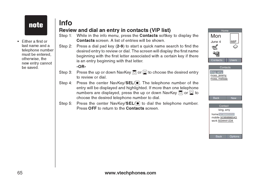 VTech IP8300 user manual Review and dial an entry in contacts VIP list 