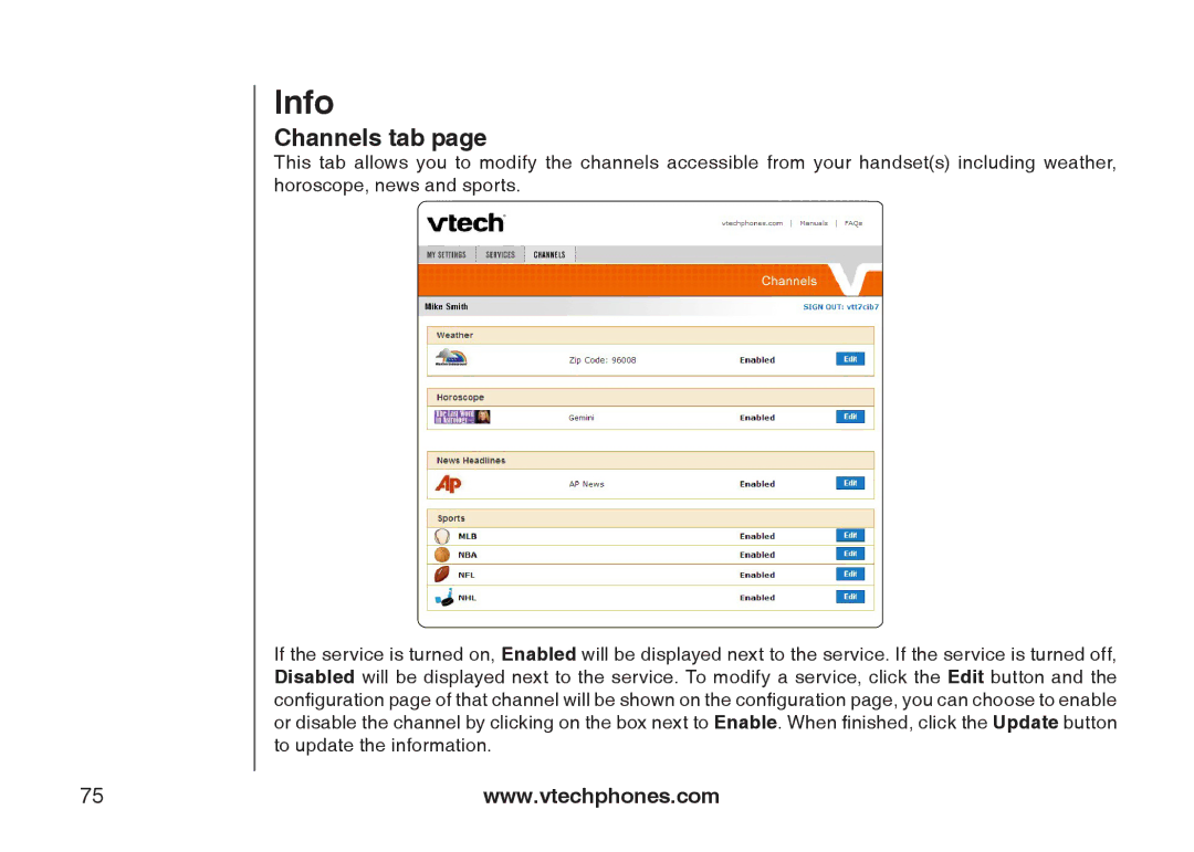 VTech IP8300 user manual Channels tab 