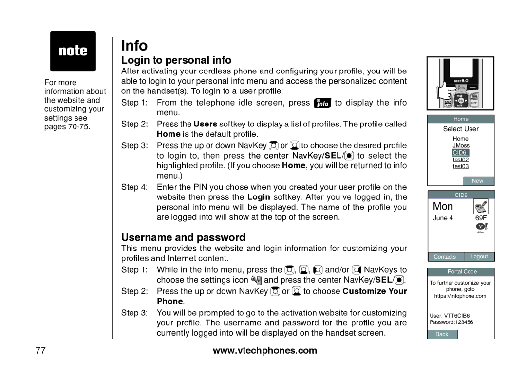 VTech IP8300 user manual Login to personal info, Username and password 