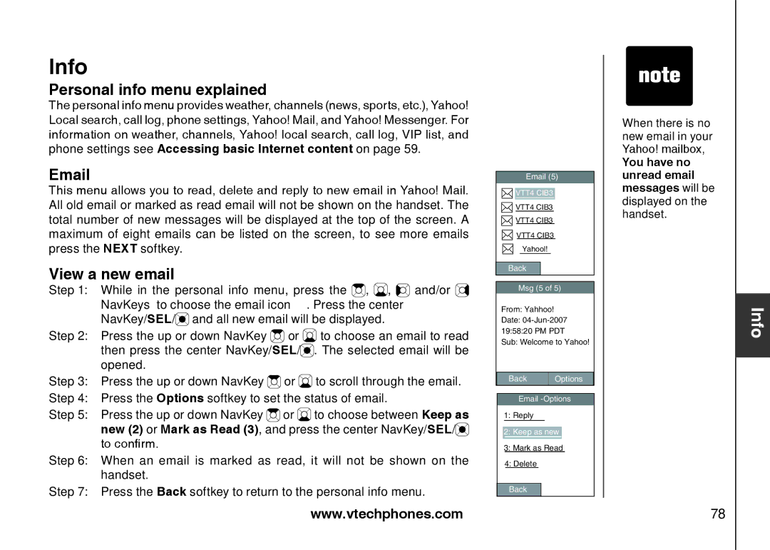 VTech IP8300 user manual Personal info menu explained, View a new email 