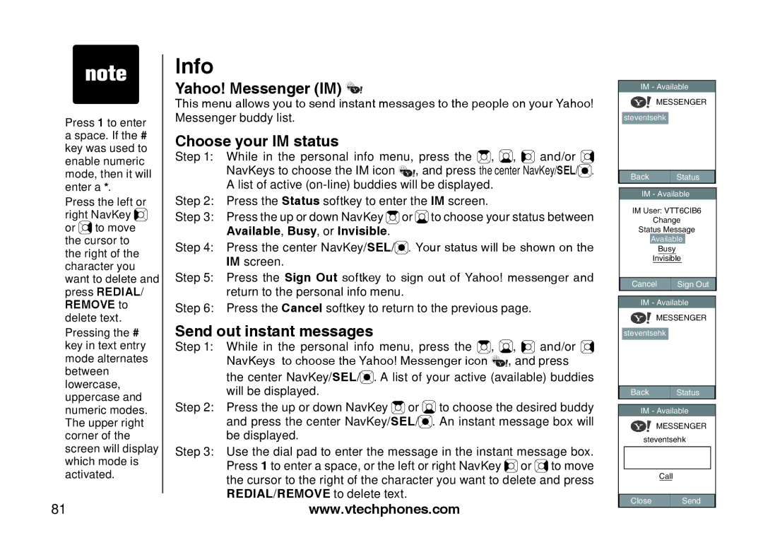 VTech IP8300 user manual Yahoo! Messenger IM, Choose your IM status, Send out instant messages 