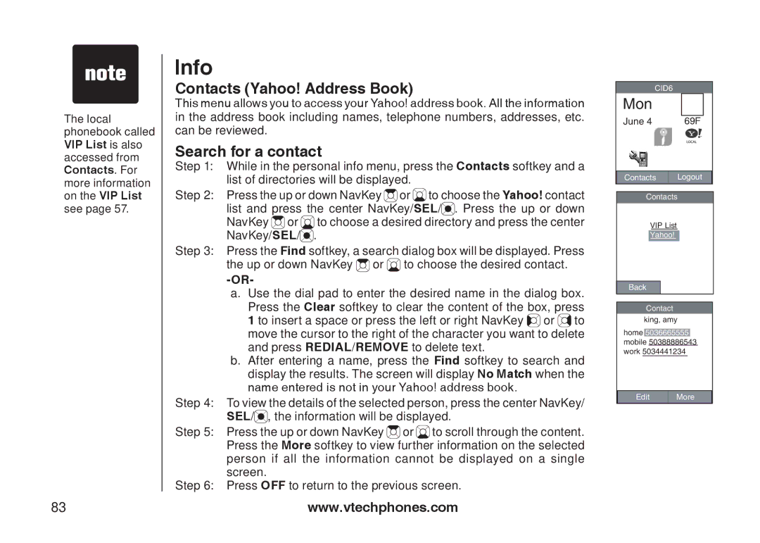 VTech IP8300 user manual Contacts Yahoo! Address Book, Search for a contact 