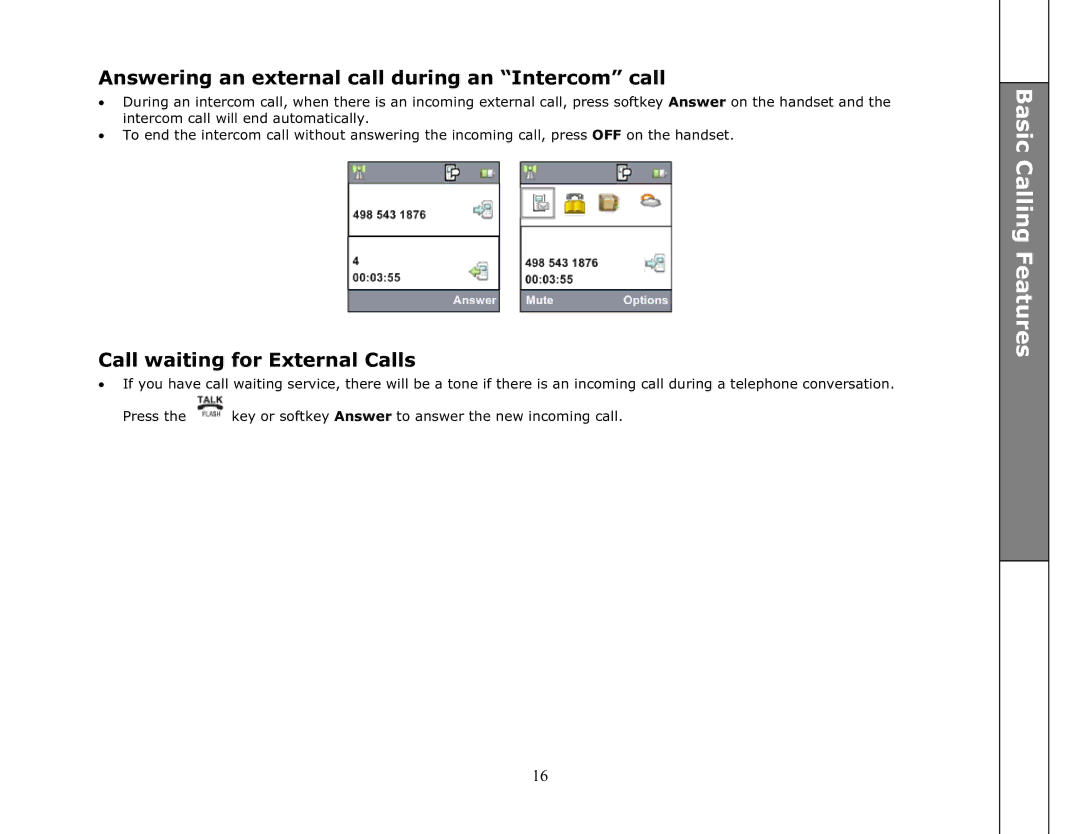 VTech ip8301 manual Answering an external call during an Intercom call, Call waiting for External Calls 