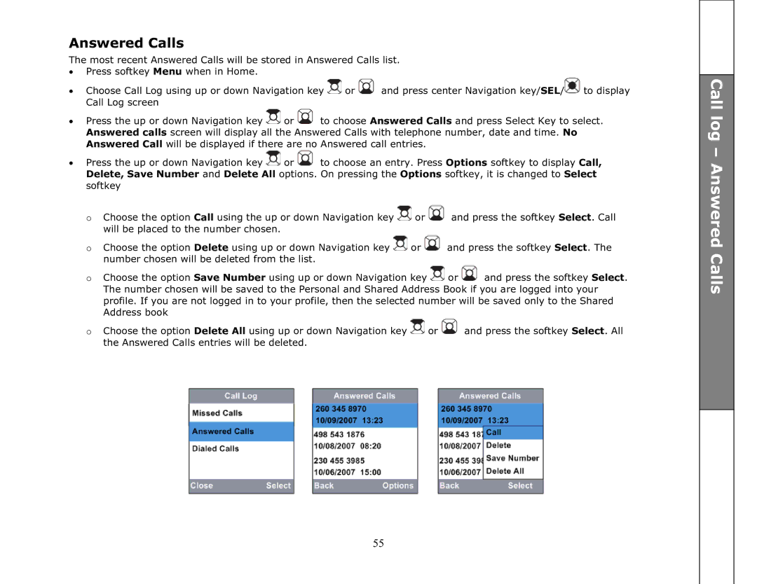 VTech ip8301 manual Call log Answered Calls 