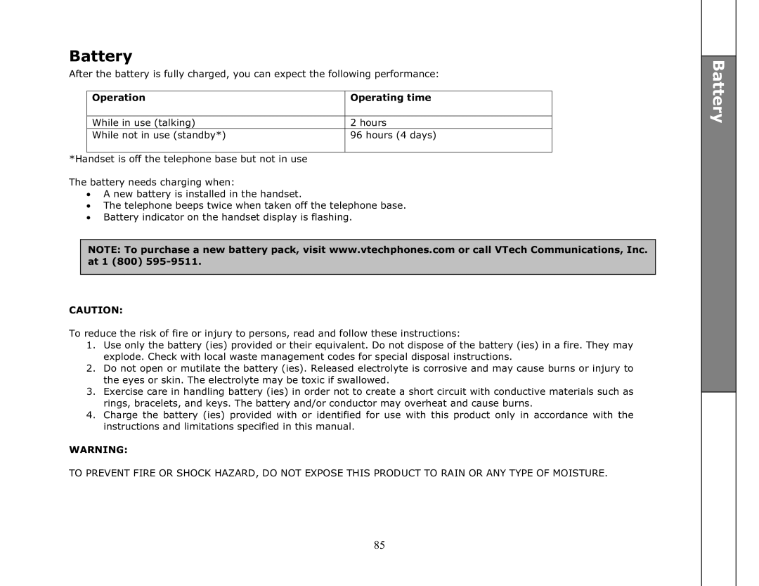 VTech ip8301 manual Battery 